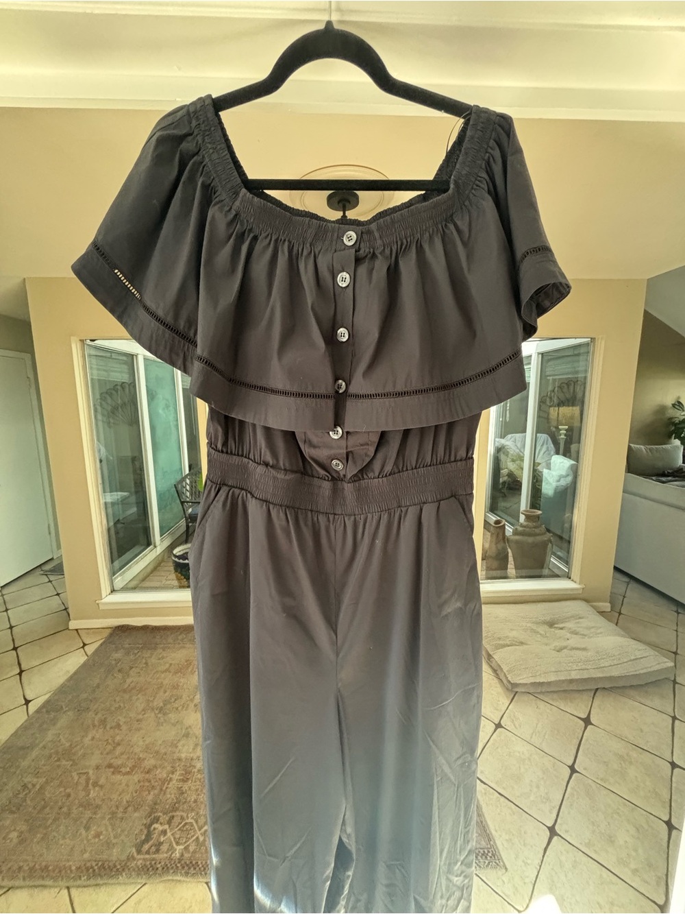 Donna Karan Black Off-Shoulder Button-Front Jumpsuit